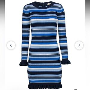 Michael Michael Kors - Blue Striped Ribbed Knit Bodycon Dress w/ Ruffle Trim - S